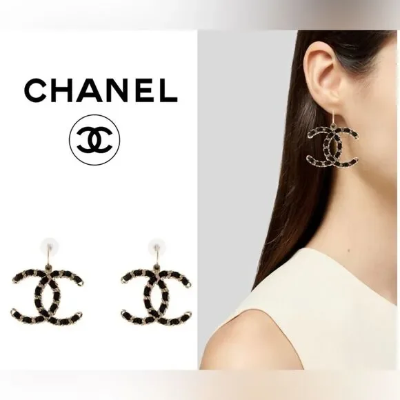 Chanel Vintage Black Gold Chain Dangle Jumbo Earrings Rare Limited Edition - Picture 14 of 14